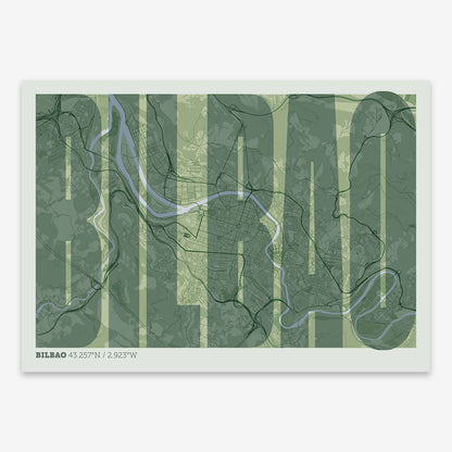 The map of Bilbao and letters of its name in a giclée print designed in navy blue and white