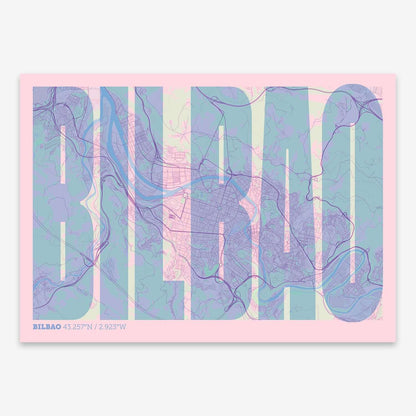The map of Bilbao and letters of its name in a giclée print designed in light brown and an off-white background
