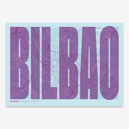 The map of Bilbao and letters of its name in a giclée print designed in violet y pink background