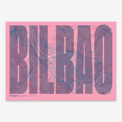 The map of Bilbao and letters of its name in a giclée print designed in black and white