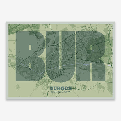 The map of Burgos composed with letters in a heavy geometric font printed on two green tones