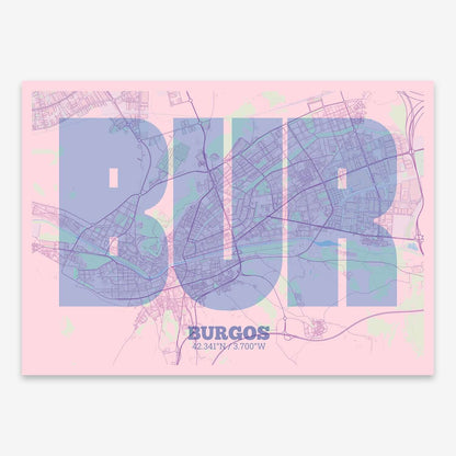 The map of Burgos composed with letters in a heavy geometric font printed on pink and light blue
