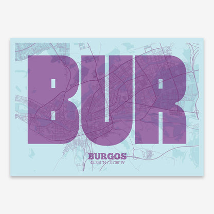 The map of Burgos composed with letters in a heavy geometric font printed on purple and light blue