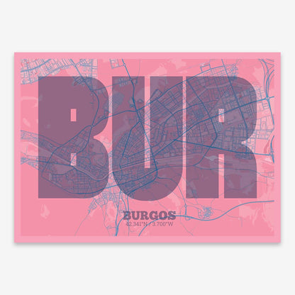 The map of Burgos composed with letters in a heavy geometric font printed on violet y pink background