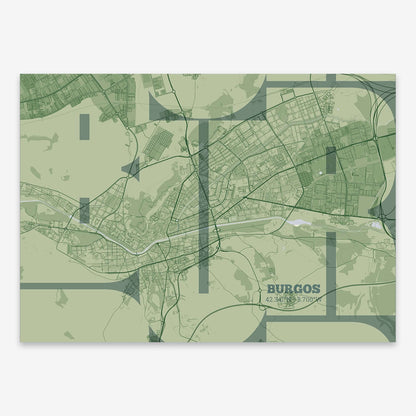 The map of Burgos composed with letters from its name or IATA code printed on two green tones