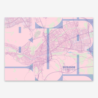 The map of Burgos composed with letters from its name or IATA code printed on pink and light blue