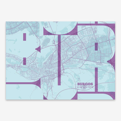 The map of Burgos composed with letters from its name or IATA code printed on purple and light blue