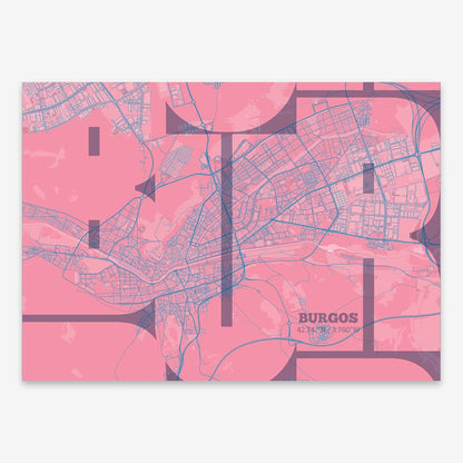 The map of Burgos composed with letters from its name or IATA code printed on violet y pink background