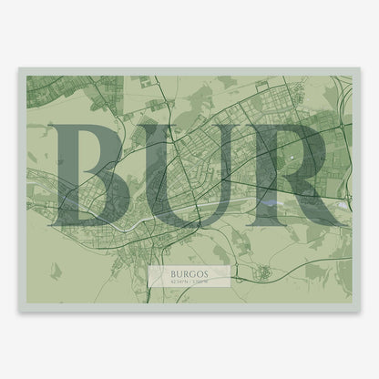 The map of Burgos composed with letters in serif font printed on two green tones
