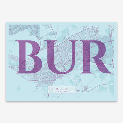 The map of Burgos composed with letters in serif font printed on purple and light blue