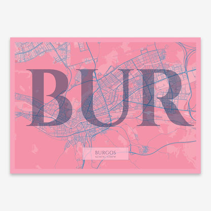The map of Burgos composed with letters in serif font printed on violet y pink background