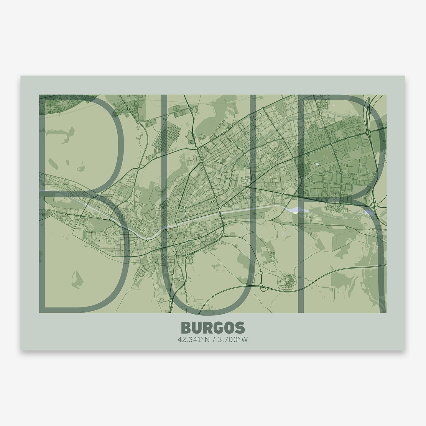 The map of Burgos composed with letters in extra light font printed on two green tones