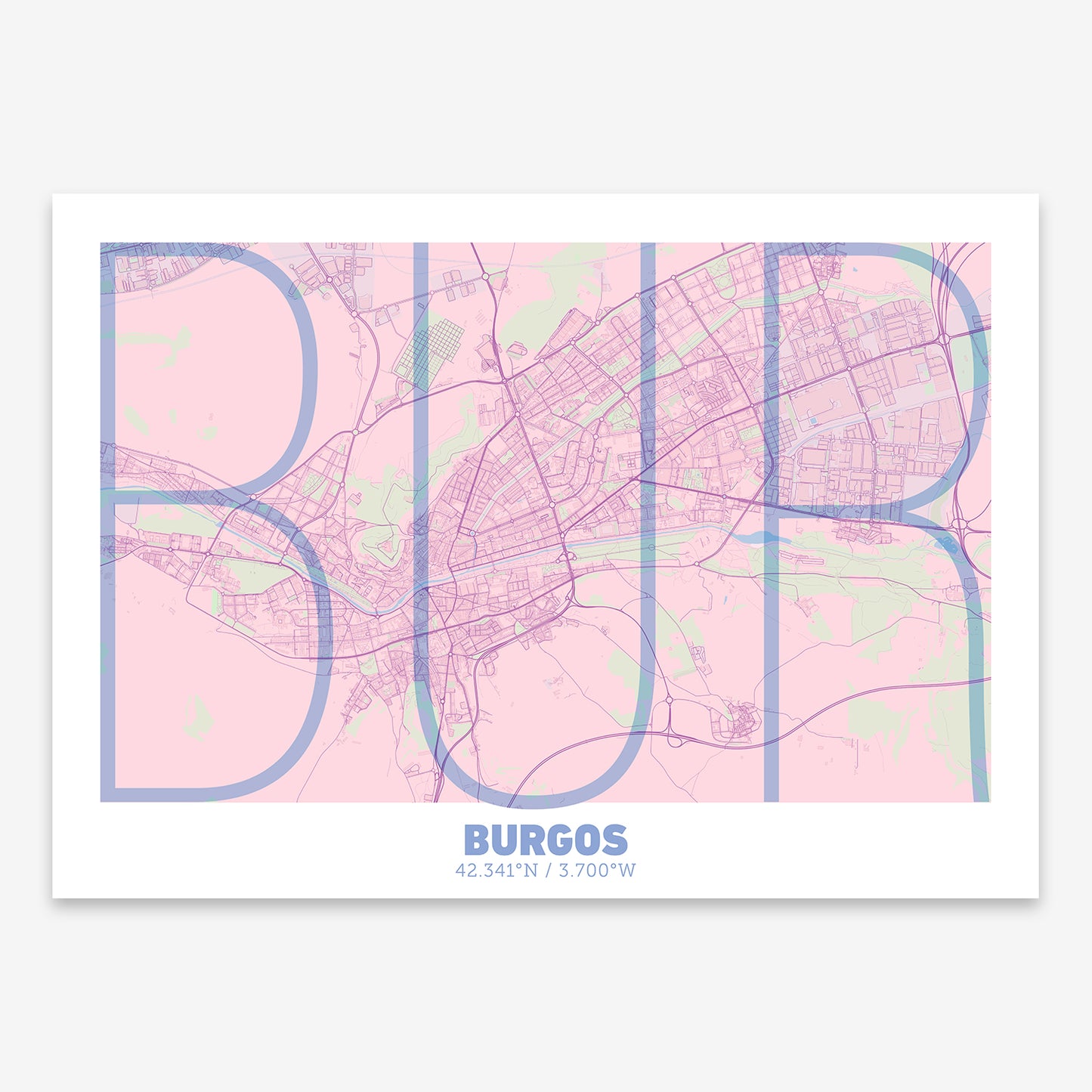 The map of Burgos composed with letters in extra light font printed on pink and light blue