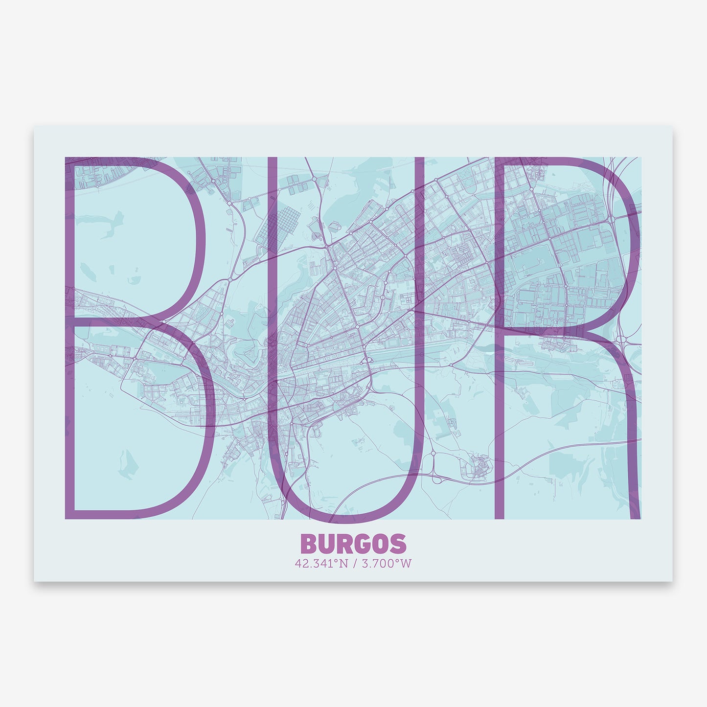 The map of Burgos composed with letters in extra light font printed on purple and light blue