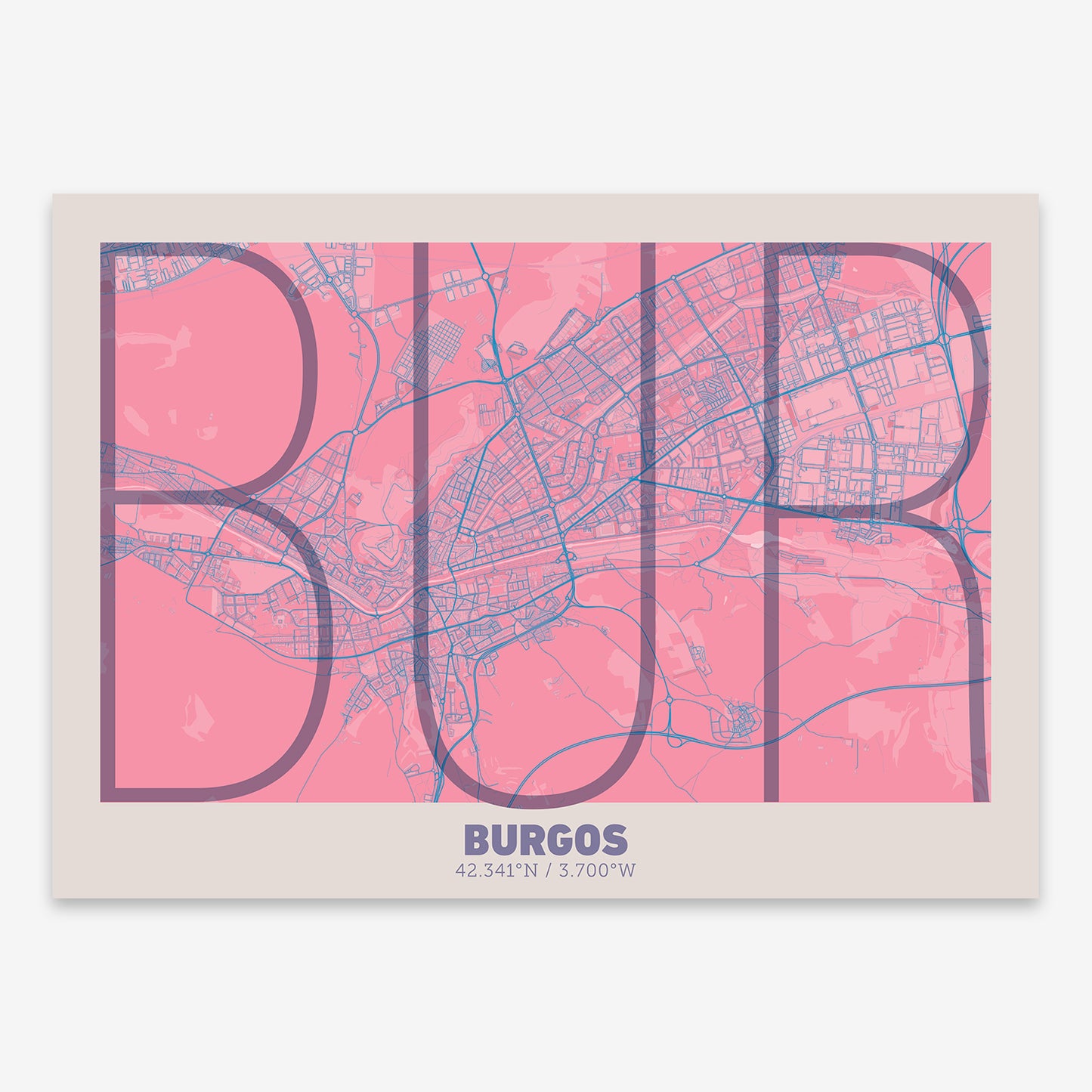 The map of Burgos composed with letters in extra light font printed on violet y pink background