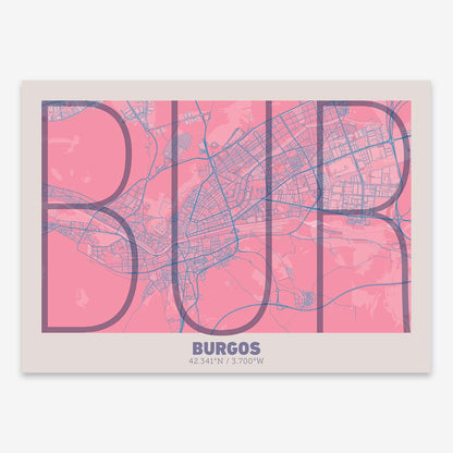 The map of Burgos composed with letters in extra light font printed on violet y pink background