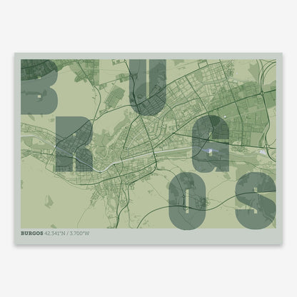 The map of Burgos with letters of its name placed randomly, designed in two green tones