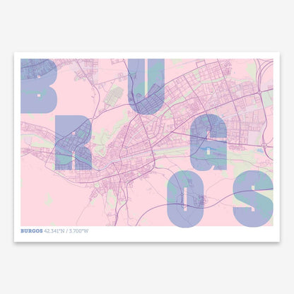 The map of Burgos with letters of its name placed randomly, designed in pink and light blue