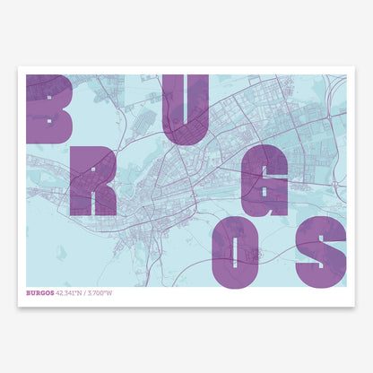 The map of Burgos with letters of its name placed randomly, designed in purple and light blue