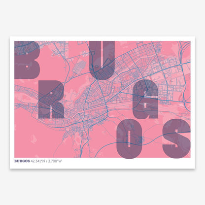 The map of Burgos with letters of its name placed randomly, designed in violet y pink background