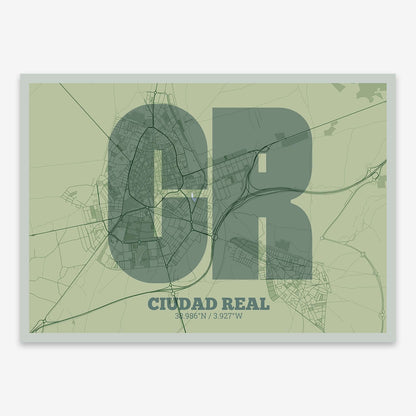 The map of Ciudad-Real composed with letters in a heavy geometric font printed on two green tones