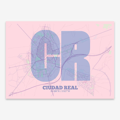 The map of Ciudad-Real composed with letters in a heavy geometric font printed on pink and light blue