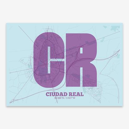 The map of Ciudad-Real composed with letters in a heavy geometric font printed on purple and light blue
