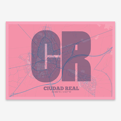 The map of Ciudad-Real composed with letters in a heavy geometric font printed on violet y pink background
