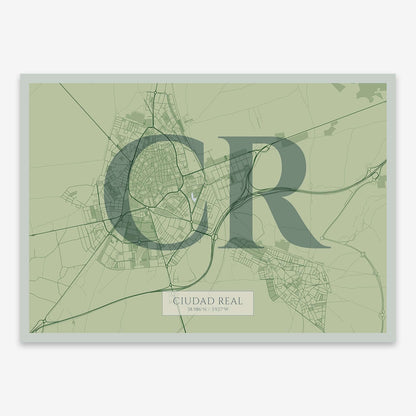 The map of Ciudad-Real composed with letters in serif font printed on two green tones