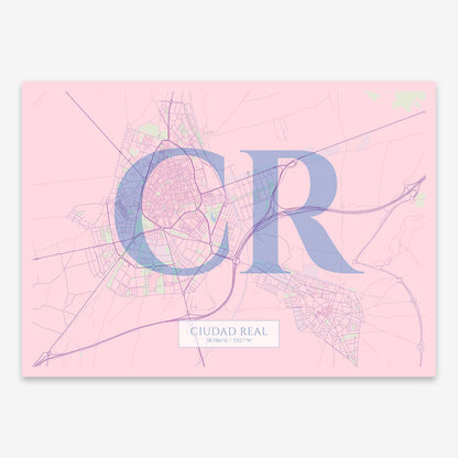 The map of Ciudad-Real composed with letters in serif font printed on pink and light blue