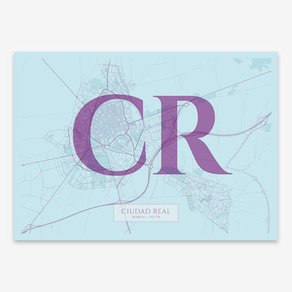 The map of Ciudad-Real composed with letters in serif font printed on purple and light blue