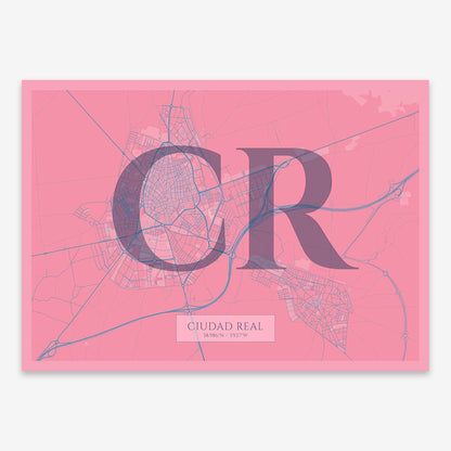 The map of Ciudad-Real composed with letters in serif font printed on violet y pink background