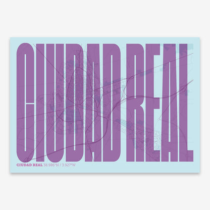 The map of Ciudad-Real and letters of its name in a giclée print designed in purple and light blue