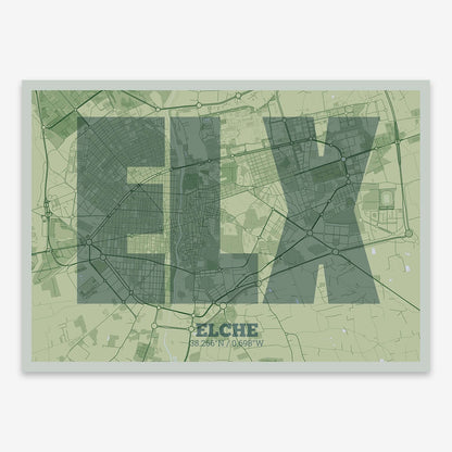 The map of Elche composed with letters in a heavy geometric font printed on two green tones