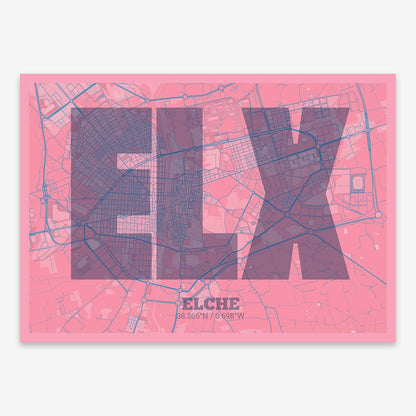 The map of Elche composed with letters in a heavy geometric font printed on violet y pink background