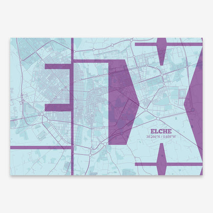 The map of Elche composed with letters from its name or IATA code printed on purple and light blue