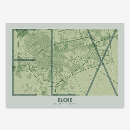 The map of Elche composed with letters in extra light font printed on two green tones