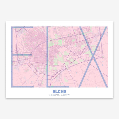 The map of Elche composed with letters in extra light font printed on pink and light blue