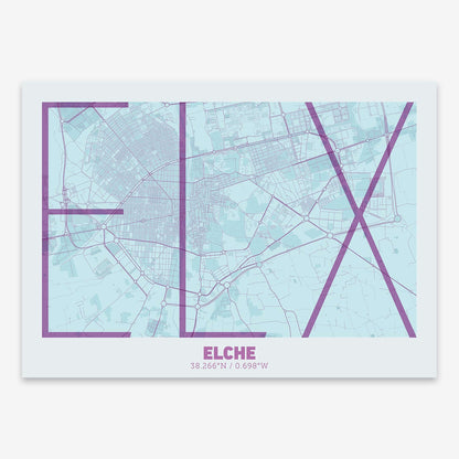 The map of Elche composed with letters in extra light font printed on purple and light blue