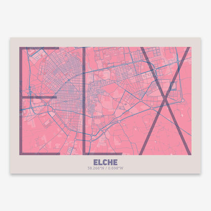 The map of Elche composed with letters in extra light font printed on violet y pink background