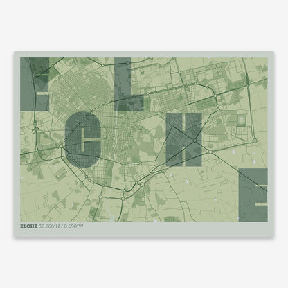 The map of Elche with letters of its name placed randomly, designed in two green tones