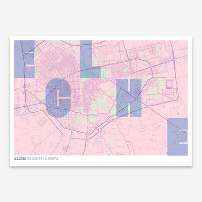 The map of Elche with letters of its name placed randomly, designed in pink and light blue