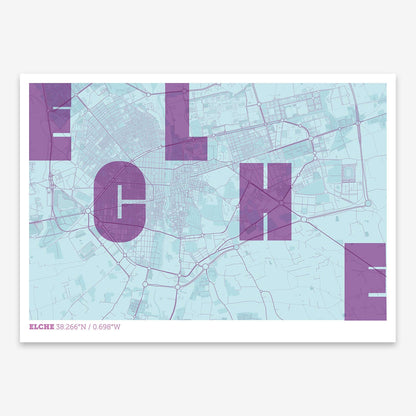 The map of Elche with letters of its name placed randomly, designed in purple and light blue