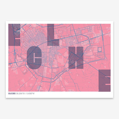The map of Elche with letters of its name placed randomly, designed in violet y pink background