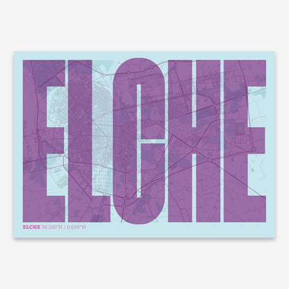 The map of Elche and letters of its name in a giclée print designed in purple and light blue