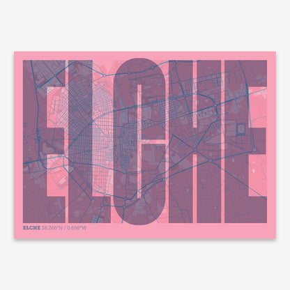 The map of Elche and letters of its name in a giclée print designed in violet y pink background