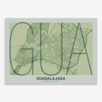 The map of Guadalajara composed with letters in extra light font printed on two green tones