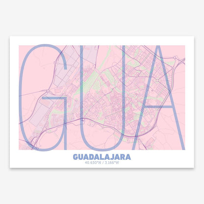 The map of Guadalajara composed with letters in extra light font printed on pink and light blue