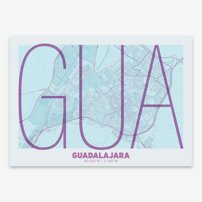 The map of Guadalajara composed with letters in extra light font printed on purple and light blue