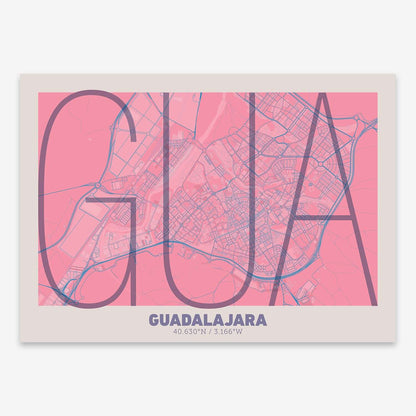 The map of Guadalajara composed with letters in extra light font printed on violet y pink background